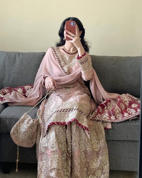 Royal Dastan Foux Gorgette Sharara Suit Set
