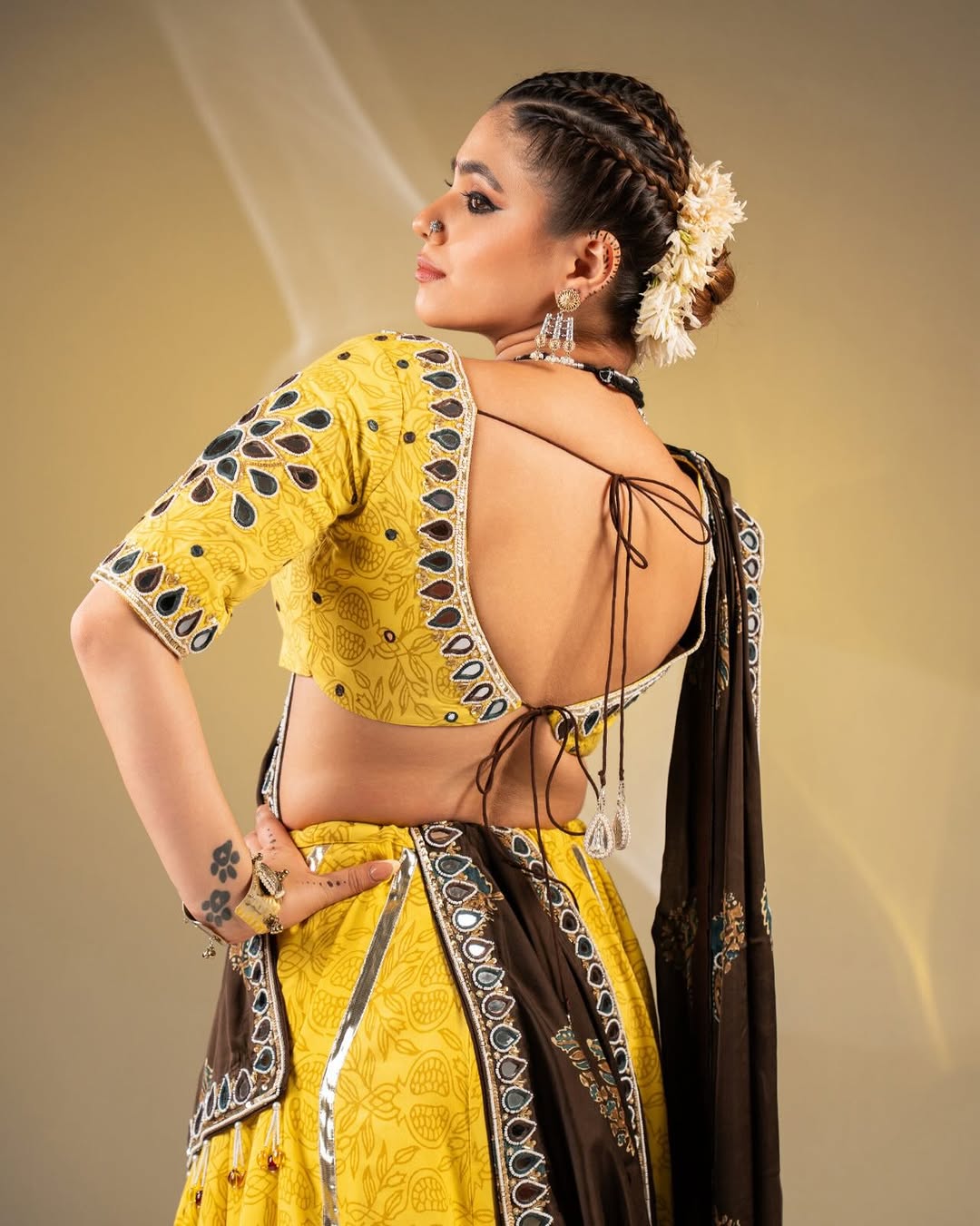 Bright Yellow & Charcoal Brown Mirror-Work Cotton Chaniya Choli Set