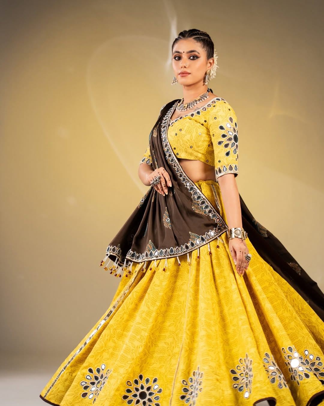 Bright Yellow & Charcoal Brown Mirror-Work Cotton Chaniya Choli Set