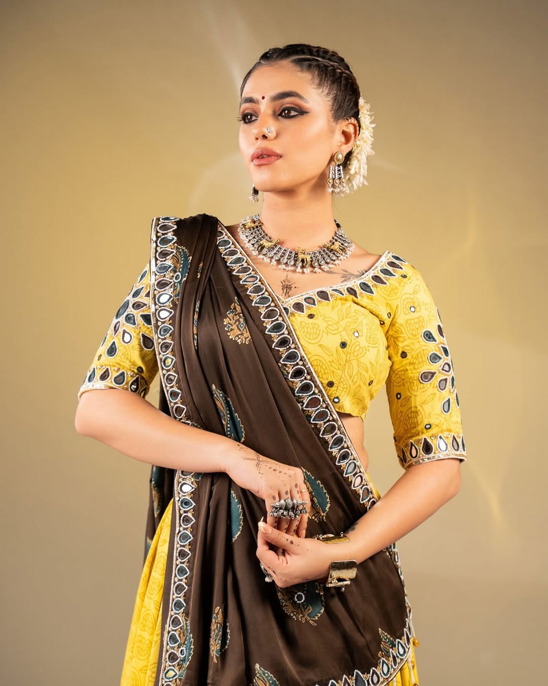Bright Yellow & Charcoal Brown Mirror-Work Cotton Chaniya Choli Set