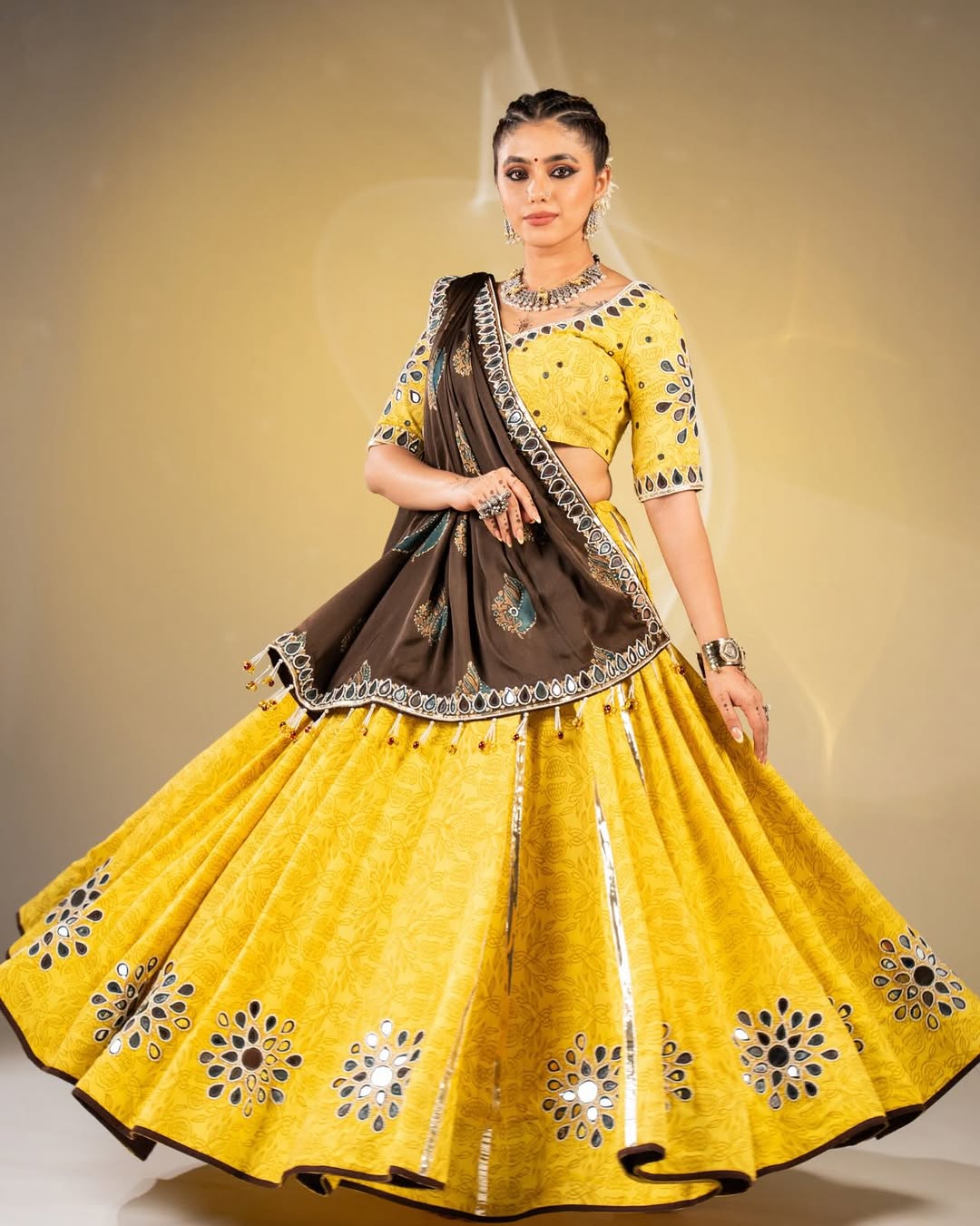 Bright Yellow & Charcoal Brown Mirror-Work Cotton Chaniya Choli Set