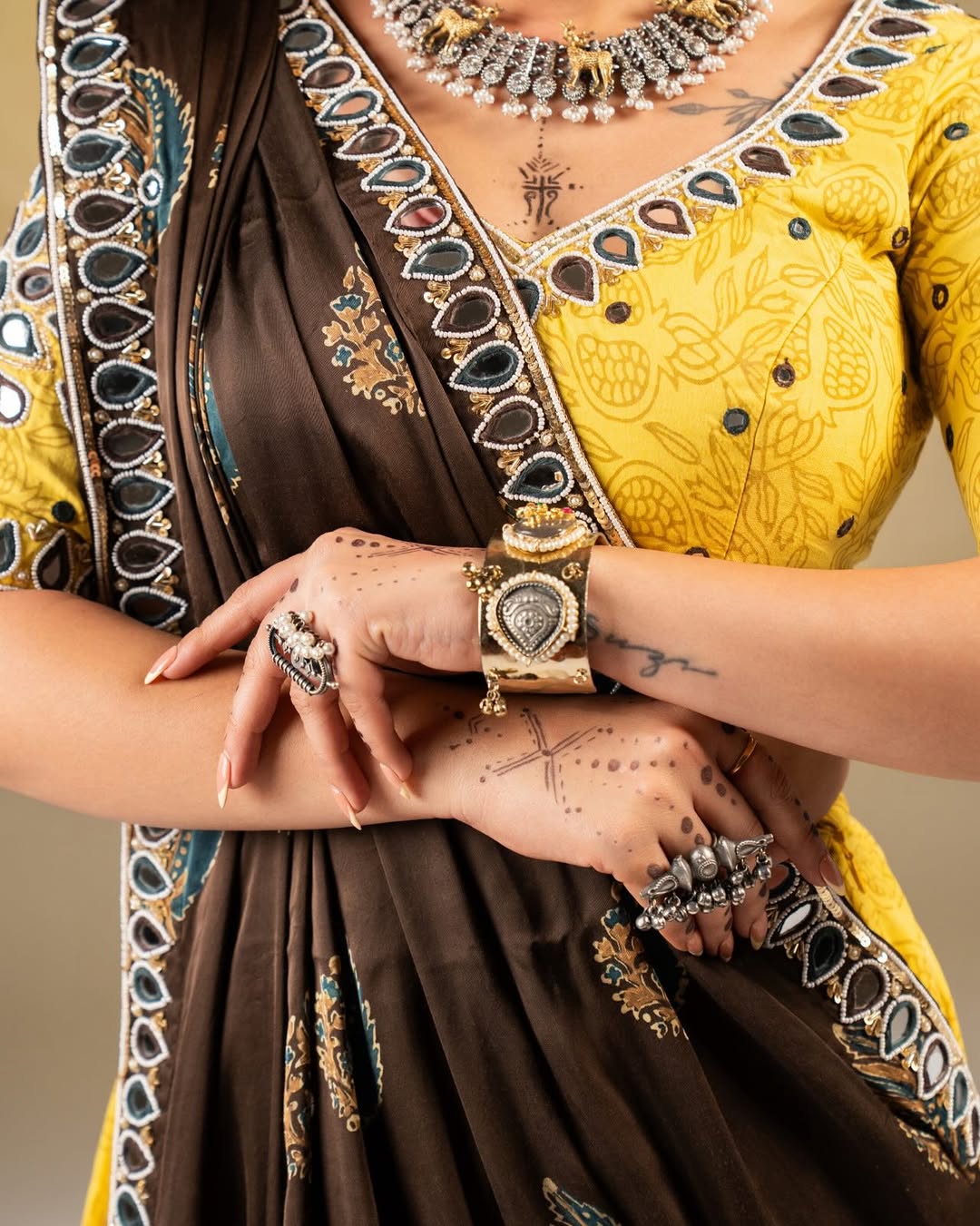 Bright Yellow & Charcoal Brown Mirror-Work Cotton Chaniya Choli Set