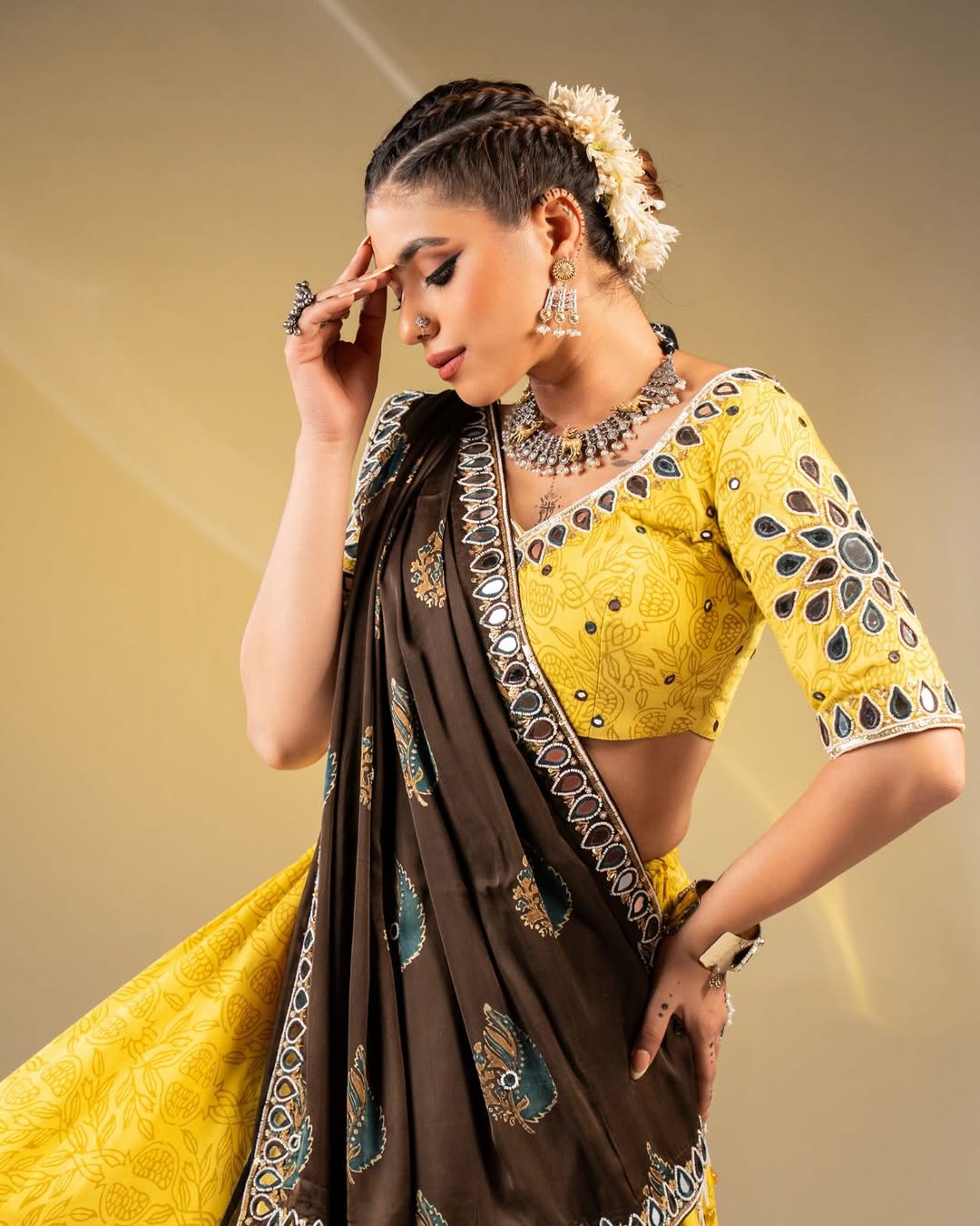 Bright Yellow & Charcoal Brown Mirror-Work Cotton Chaniya Choli Set