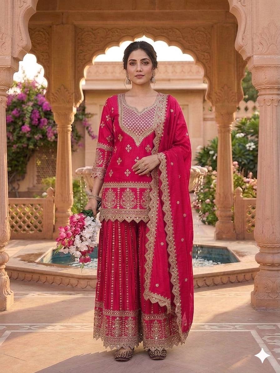 Inaya Zohra Chinnon Silk Embroidered Sharara Palazzo Suit Se