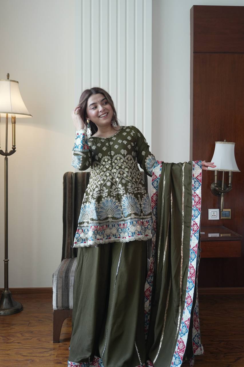 Elegant Olive Green Chinon Embroidered Suit Set
