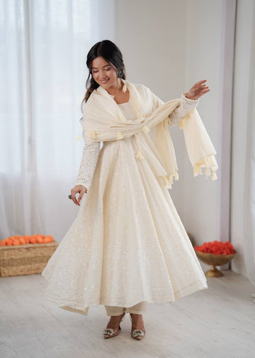 Serelya Kora Cotton Schiffli Anarkali Set