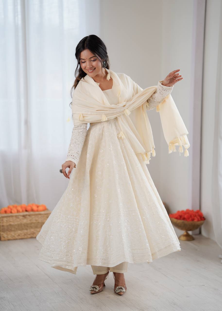 Serelya Kora Cotton Schiffli Anarkali Set