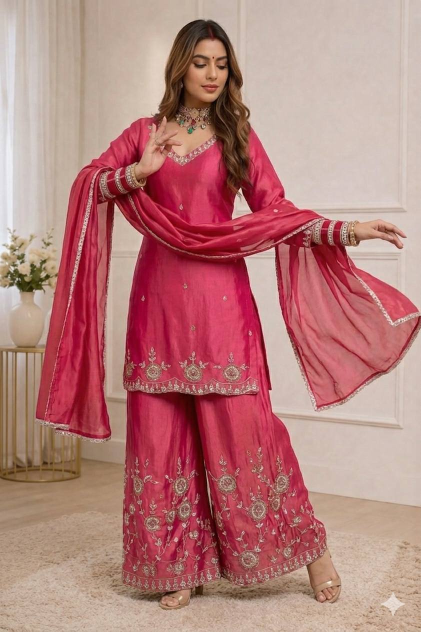 Zehra Shimmer Silk Embroidered Palazzo Set
