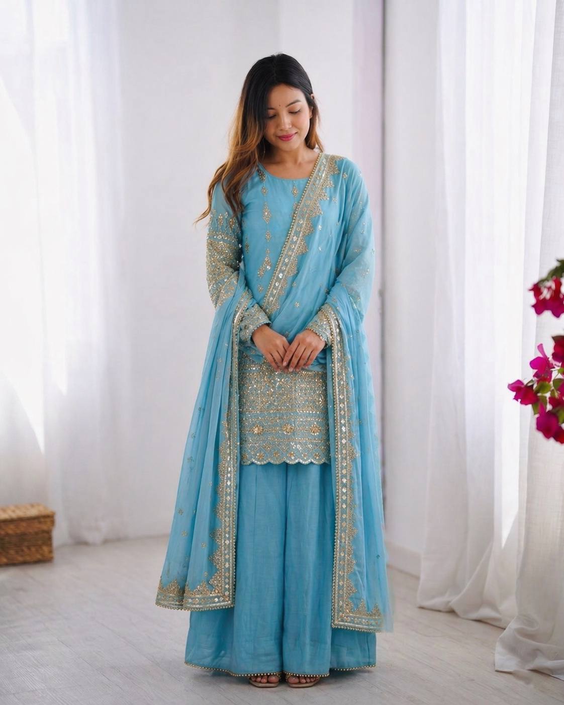 Aafiya Noor Embroidered Vichitra Silk Sharara Suit Set
