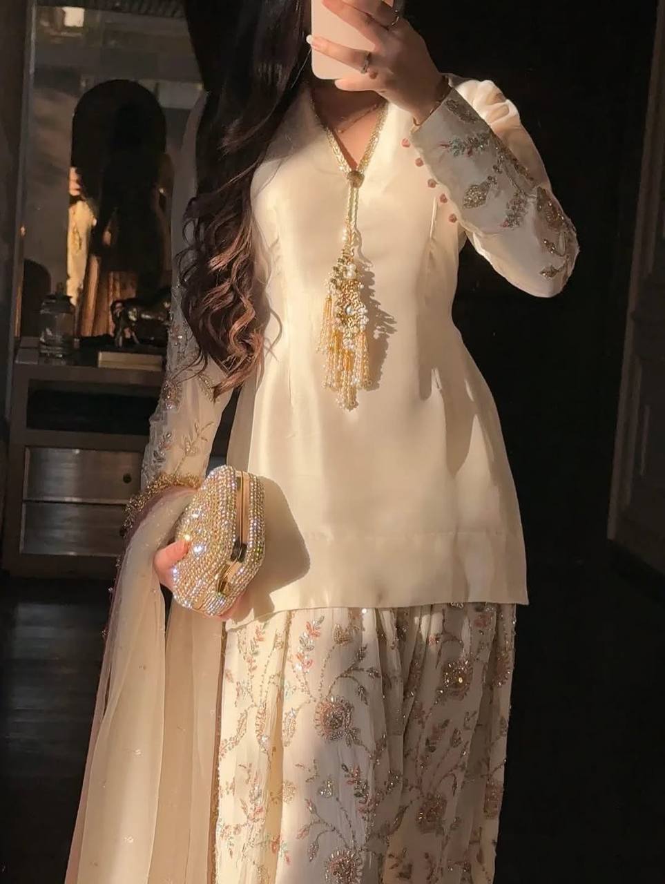 Elegant Cream Punjabi Suit with Floral Plazzo Set