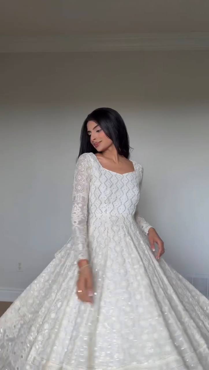 Nivara White Embroidered Georgette Anarkali Suit Set