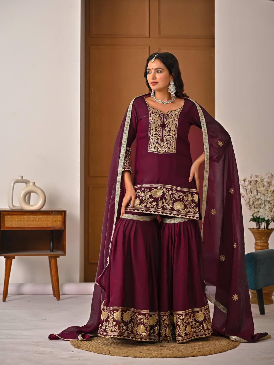 Eshira Fendy Silk Embroidered Sharara Set