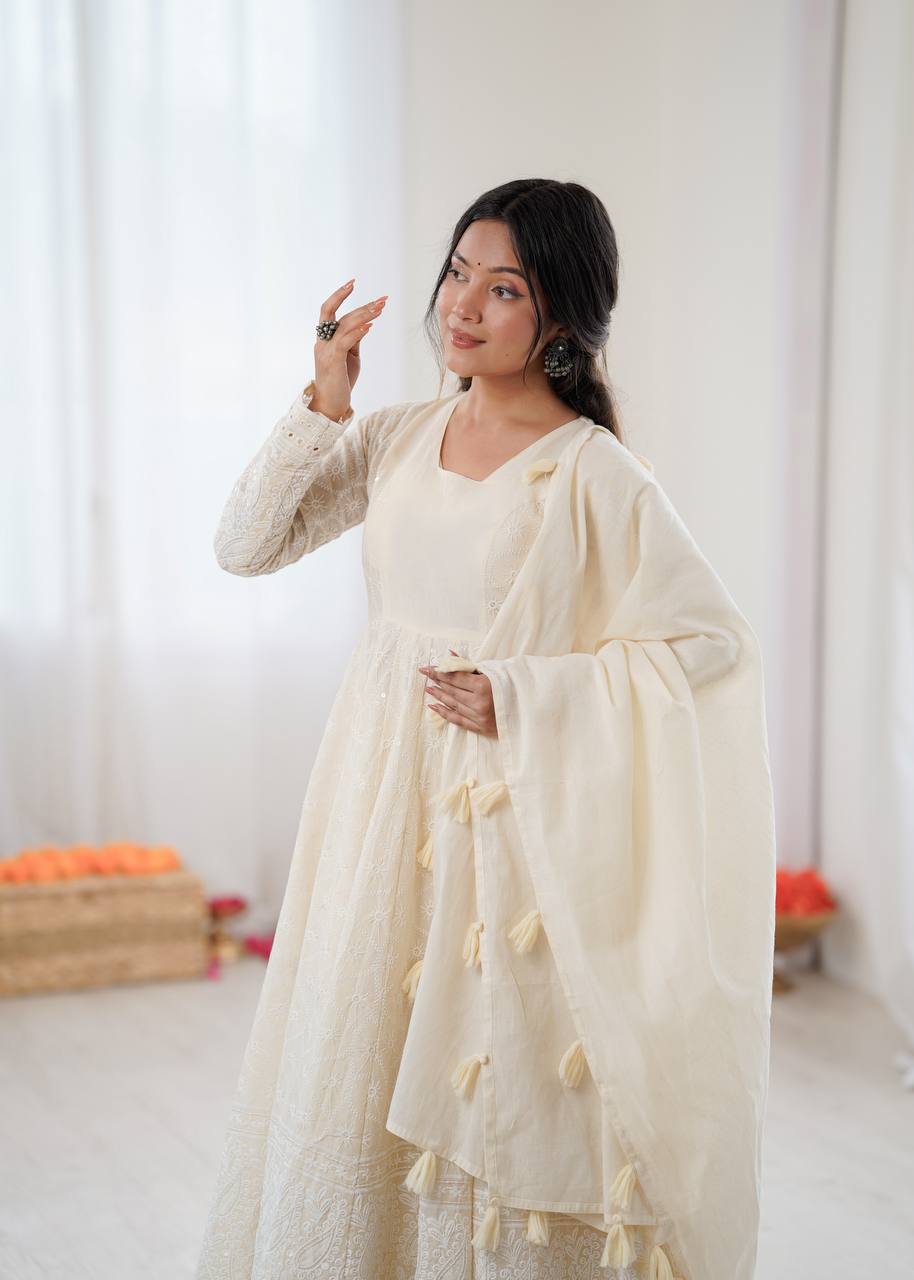 Serelya Kora Cotton Schiffli Anarkali Set