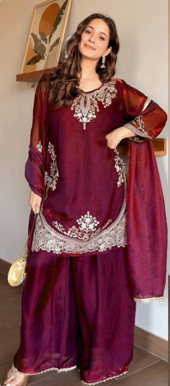 Crimson Noor Embroidered Fendy Silk Palazzo Set