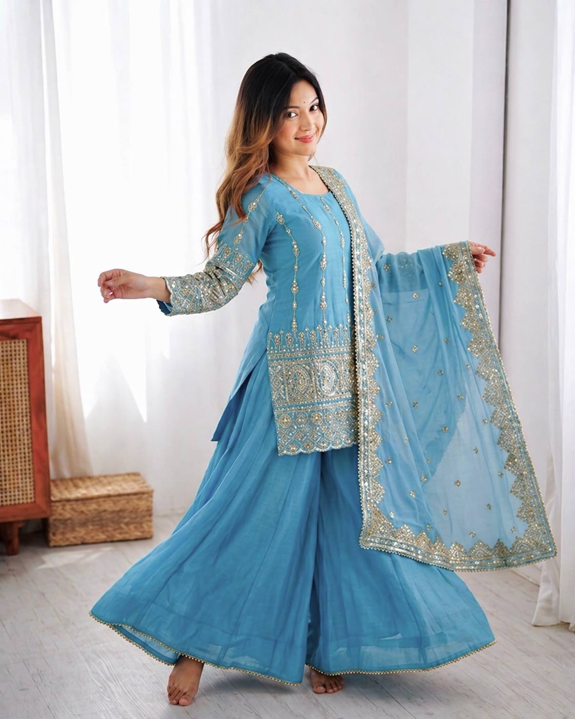 Aafiya Noor Embroidered Vichitra Silk Sharara Suit Set
