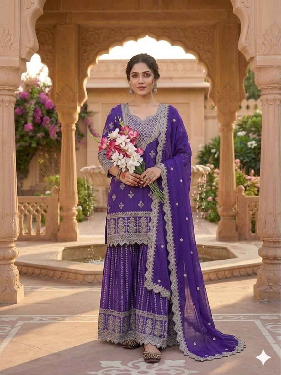 Inaya Zohra Chinnon Silk Embroidered Sharara Palazzo Suit Se