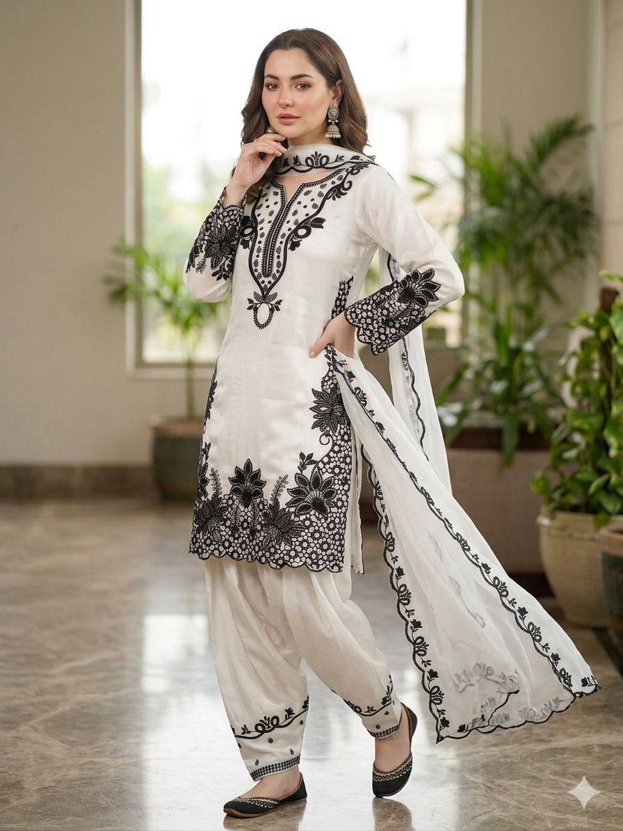 Elara Noor Black & White Embroidered Farshi Salwar Suit Set