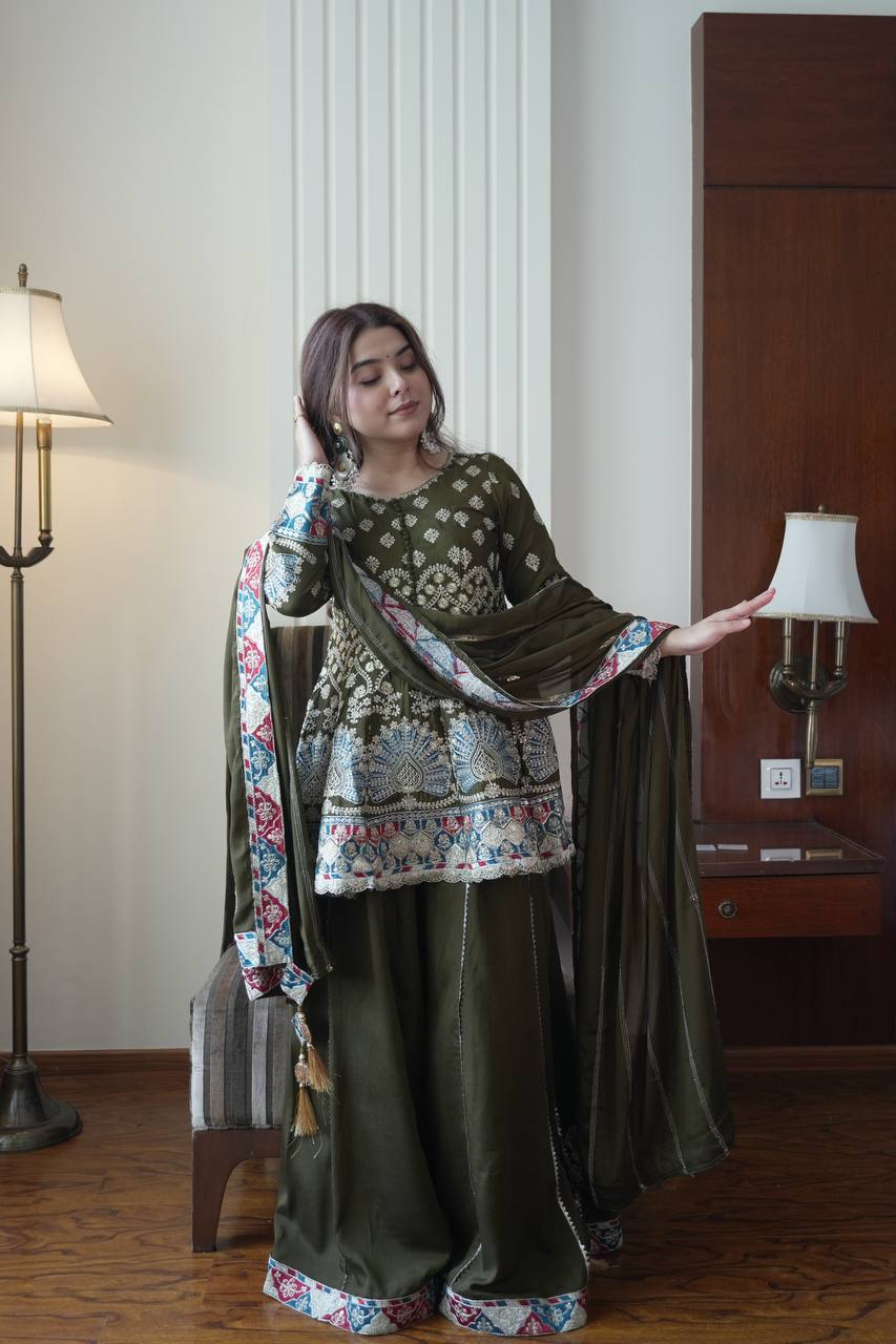 Elegant Olive Green Chinon Embroidered Suit Set