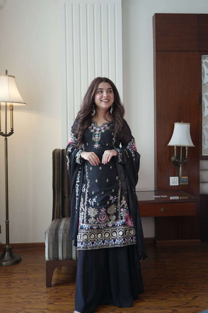 Midnight Black Chinon Sharara Suit Set