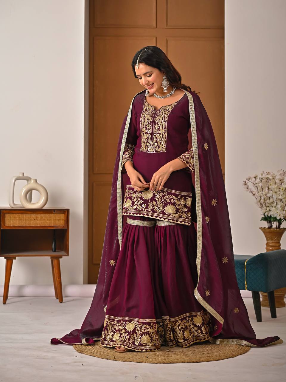 Eshira Fendy Silk Embroidered Sharara Set