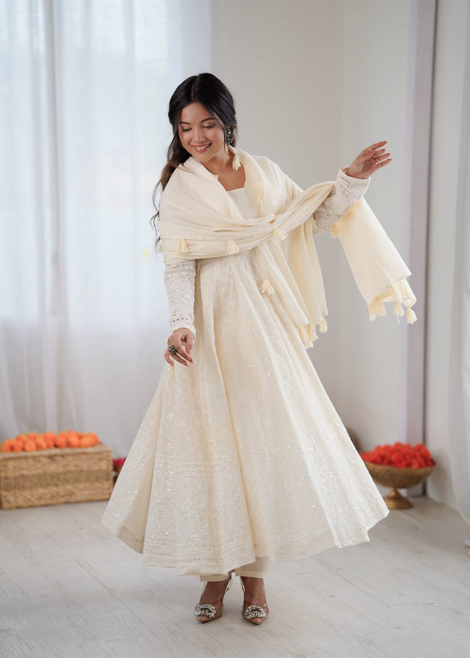 Serelya Kora Cotton Schiffli Anarkali Set
