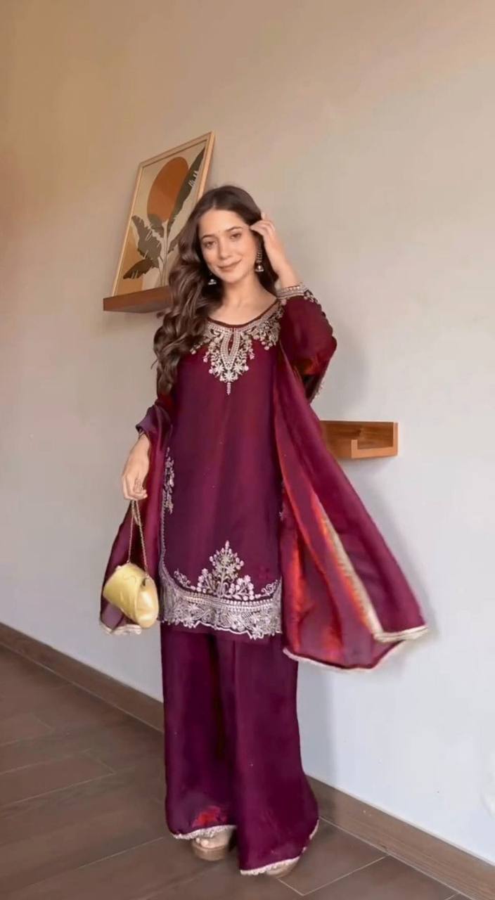 Crimson Noor Embroidered Fendy Silk Palazzo Set