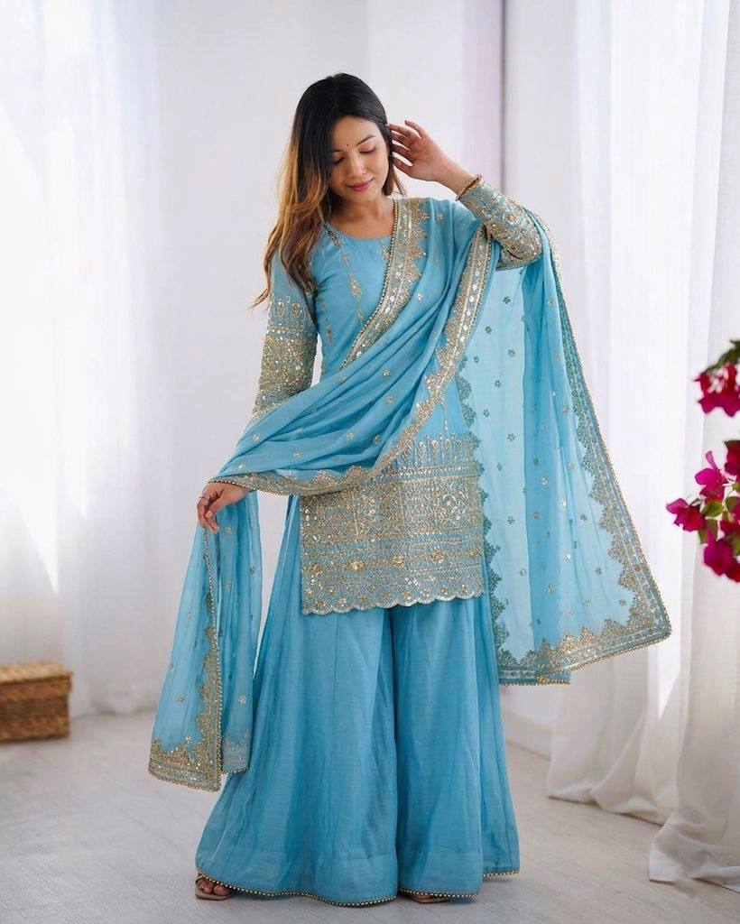Aafiya Noor Embroidered Vichitra Silk Sharara Suit Set