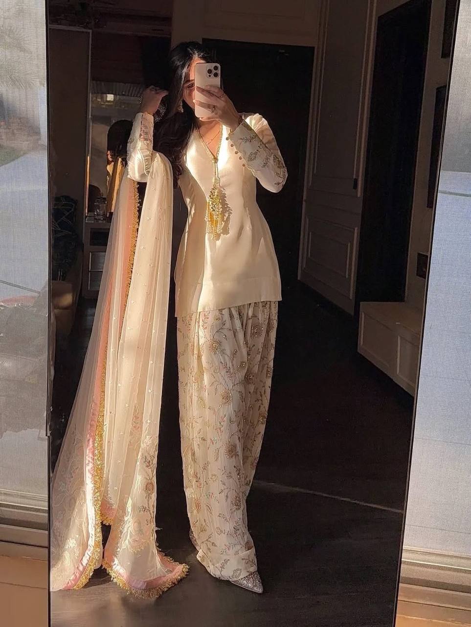 Elegant Cream Punjabi Suit with Floral Plazzo Set