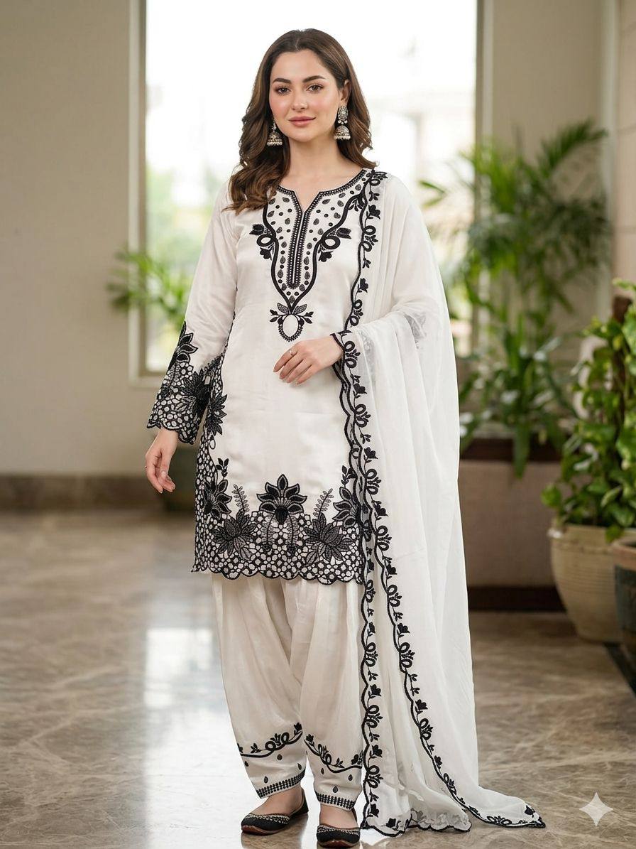 Elara Noor Black & White Embroidered Farshi Salwar Suit Set
