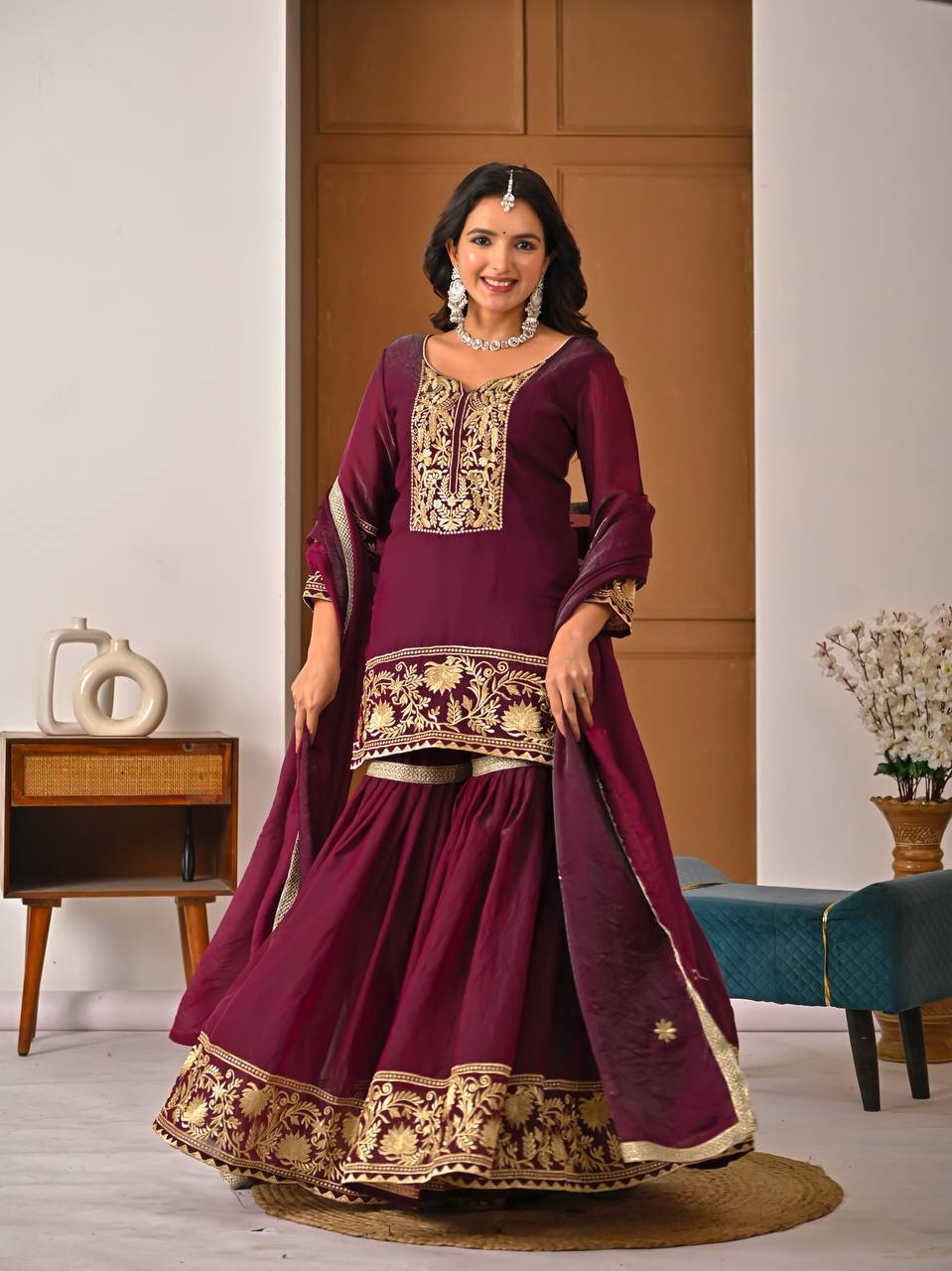Eshira Fendy Silk Embroidered Sharara Set