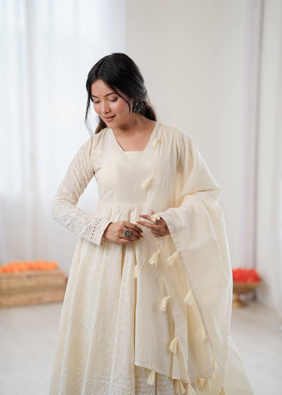 Serelya Kora Cotton Schiffli Anarkali Set
