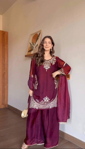 Crimson Noor Embroidered Fendy Silk Palazzo Set