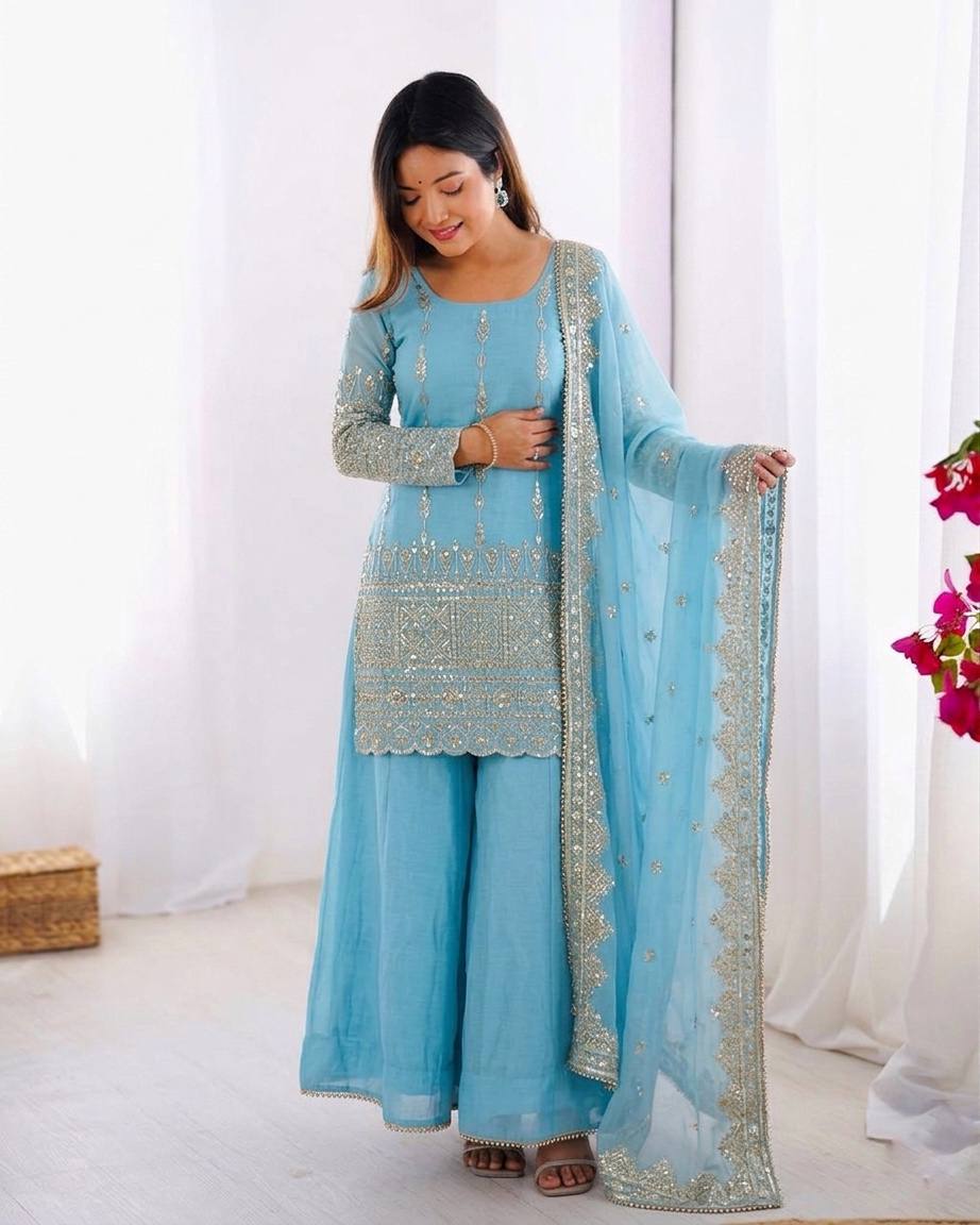 Aafiya Noor Embroidered Vichitra Silk Sharara Suit Set