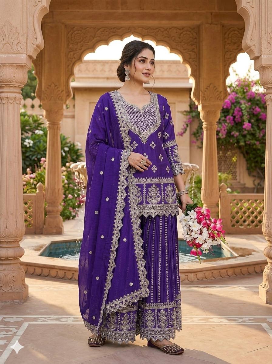 Inaya Zohra Chinnon Silk Embroidered Sharara Palazzo Suit Se