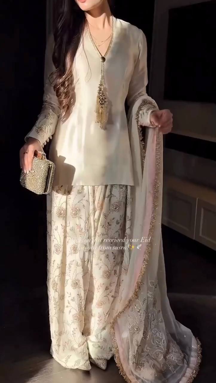 Elegant Cream Punjabi Suit with Floral Plazzo Set