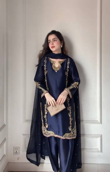 Azure Moti Hand Work Crep Silk Farshi Salwar