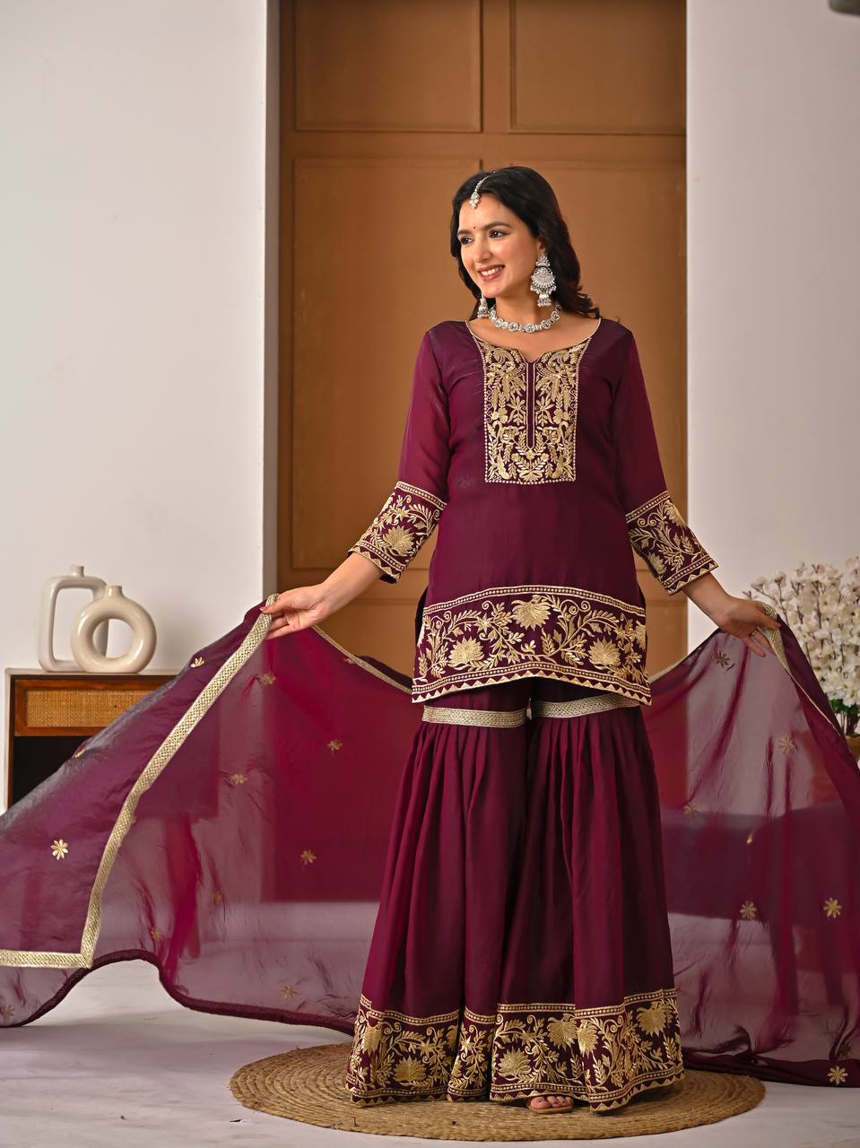 Eshira Fendy Silk Embroidered Sharara Set