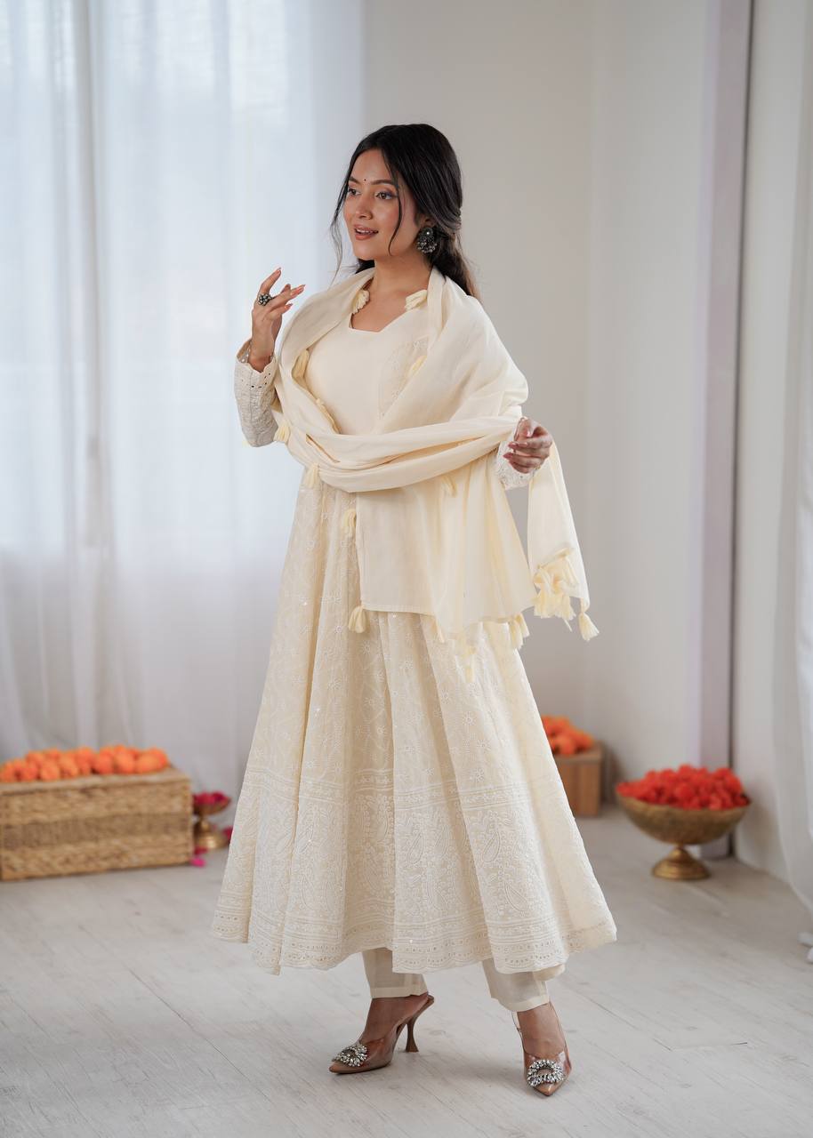 Serelya Kora Cotton Schiffli Anarkali Set