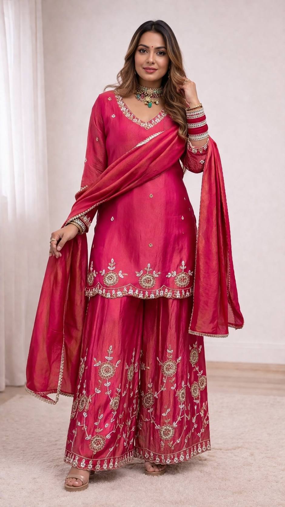 Zehra Shimmer Silk Embroidered Palazzo Set