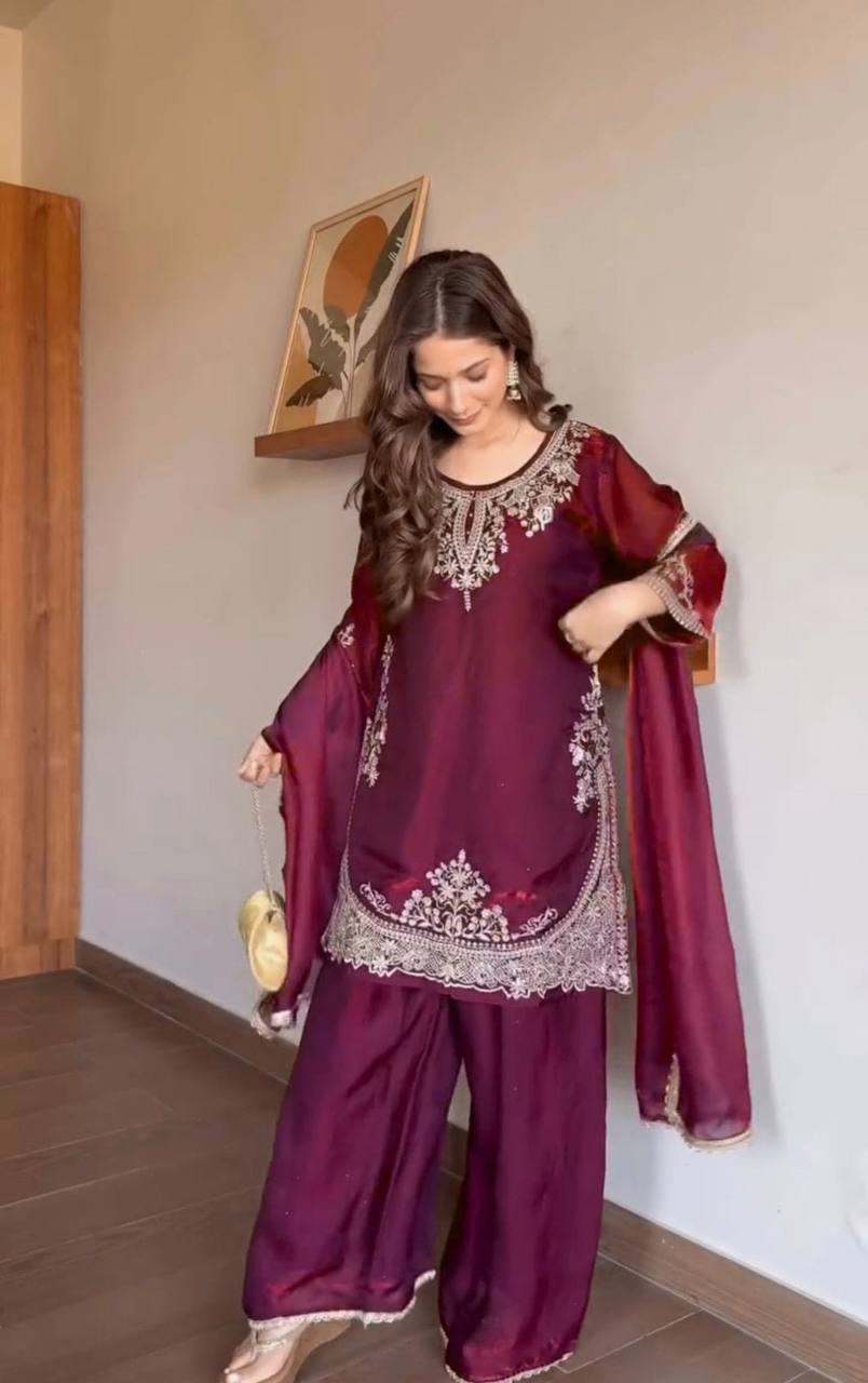 Crimson Noor Embroidered Fendy Silk Palazzo Set