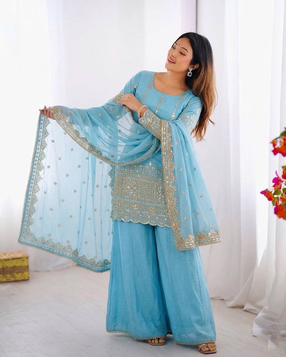 Aafiya Noor Embroidered Vichitra Silk Sharara Suit Set
