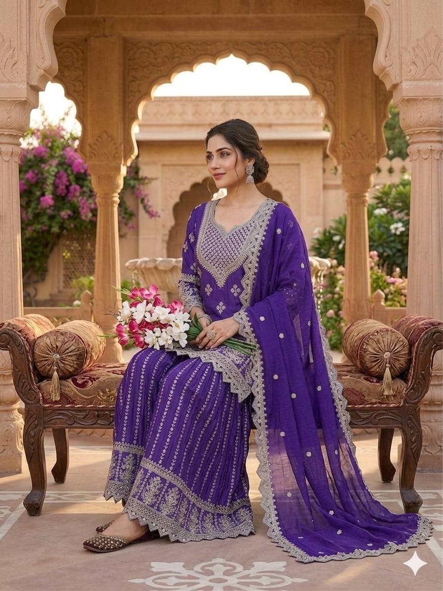 Inaya Zohra Chinnon Silk Embroidered Sharara Palazzo Suit Se