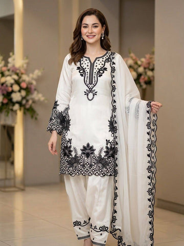 Elara Noor Black & White Embroidered Farshi Salwar Suit Set