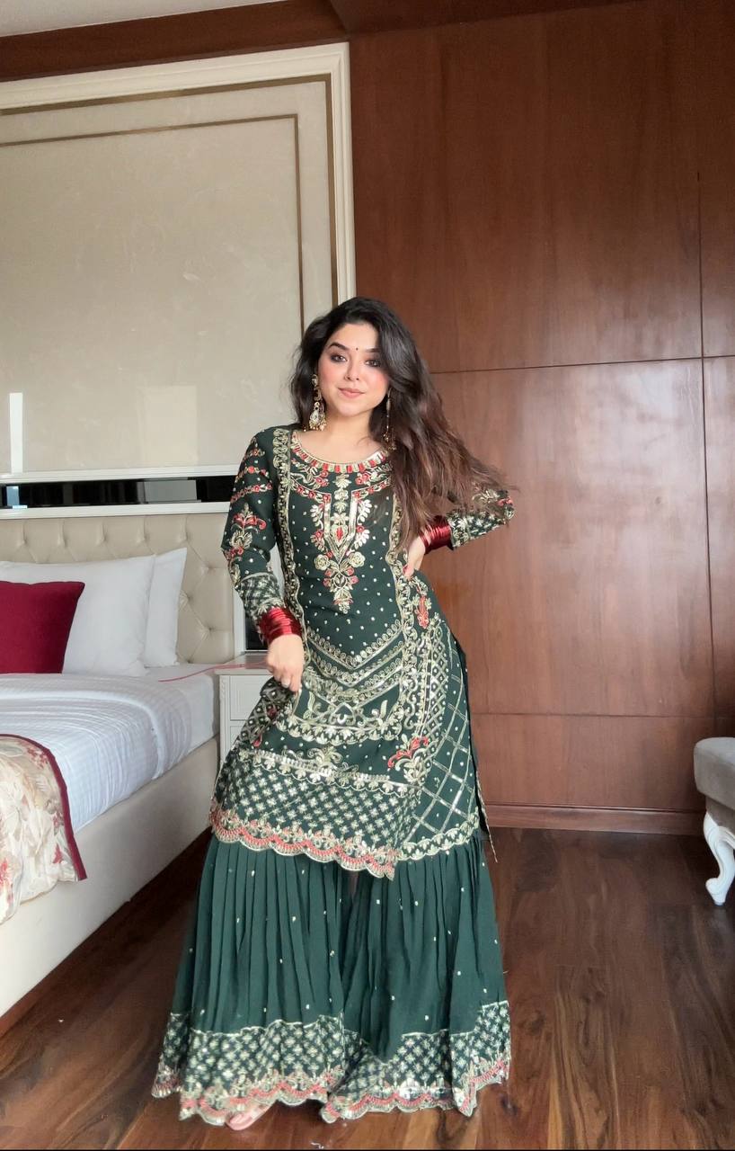 Shahi  Bottle Green Sharara Set