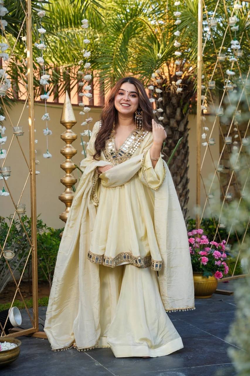 Ananya Cosmos Gold Jari  Silk Real Mirror Work Sharara Set