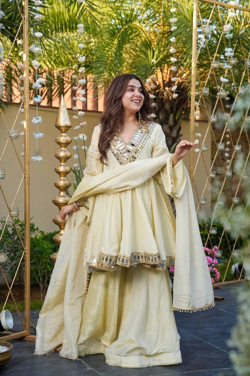 Ananya Cosmos Gold Jari  Silk Real Mirror Work Sharara Set
