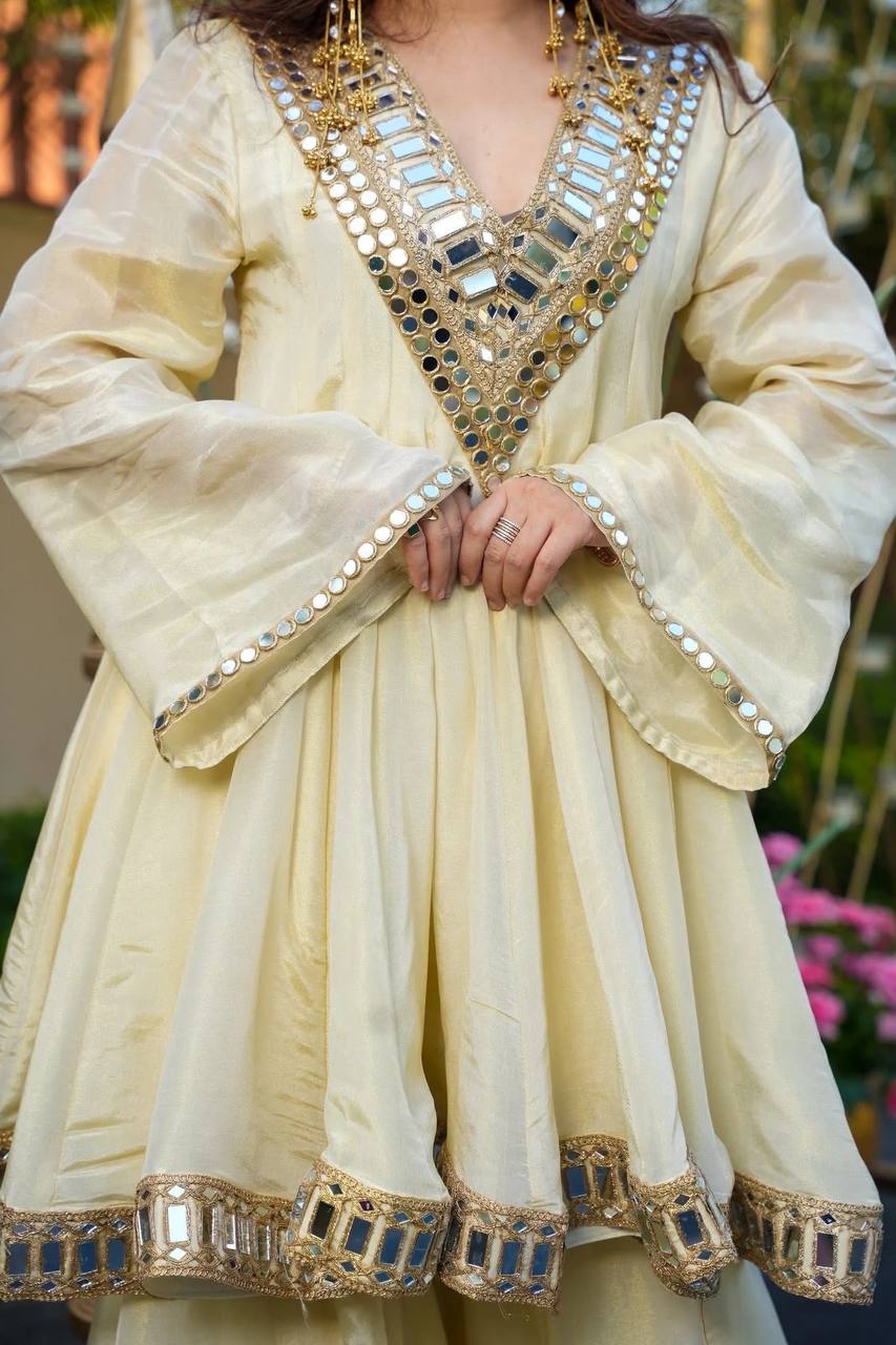 Ananya Cosmos Gold Jari  Silk Real Mirror Work Sharara Set