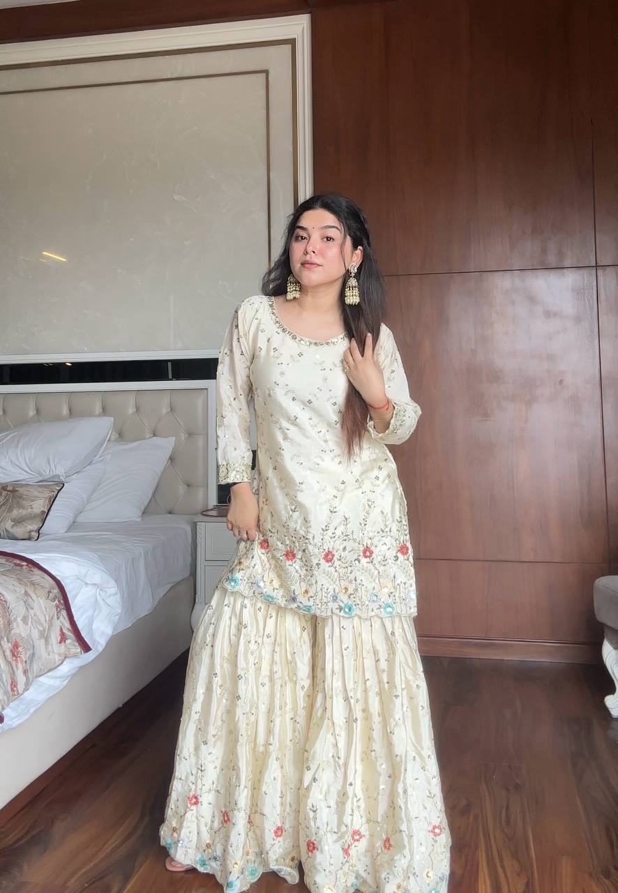 Samaira Hand Embroidered Sharara Suit with Sky Blue Dupatta