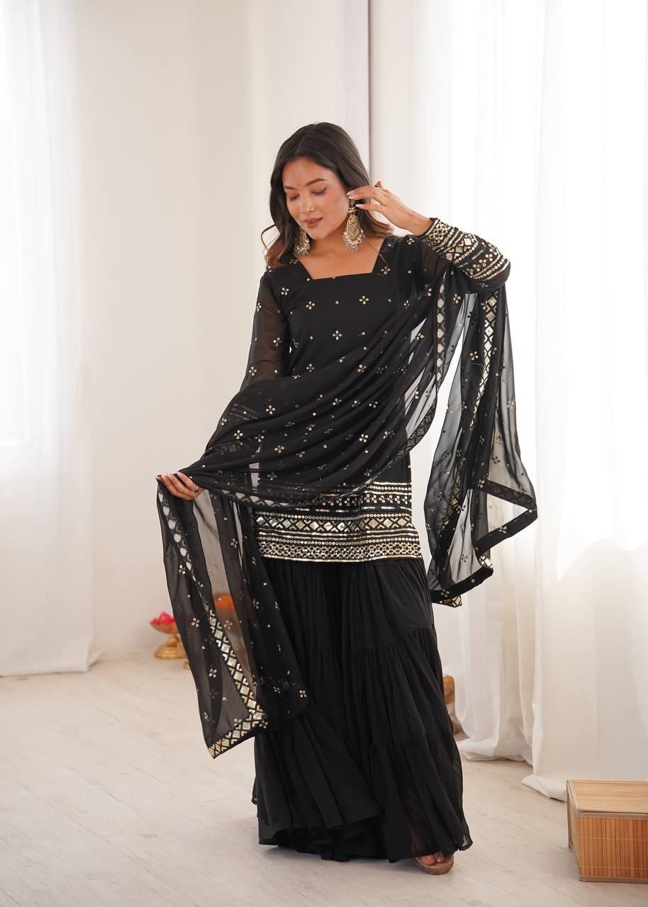 Mehru Royal Bloom Embroidered Georgette Sharara Set