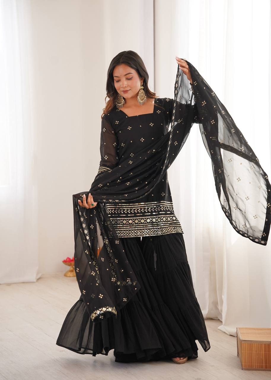 Mehru Royal Bloom Embroidered Georgette Sharara Set